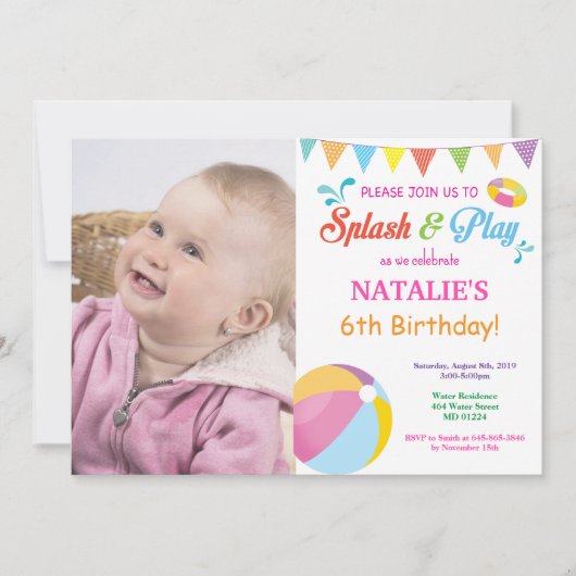 Pool Party Birthday Invitation Splish Splash Girl Kaart (Voorkant)