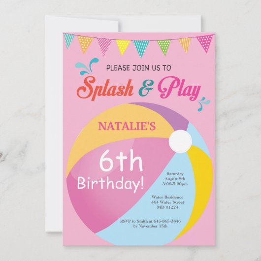 Pool Party Birthday Invitation Splish Splash Girl Kaart (Voorkant)