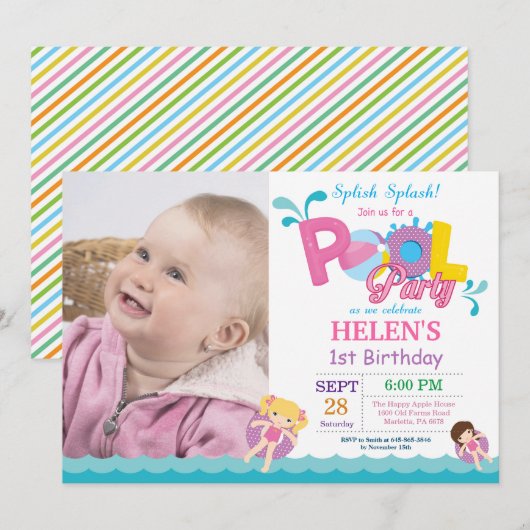 Pool Party Birthday Invitation Splish Splash Girl Kaart (Voorkant / Achterkant)
