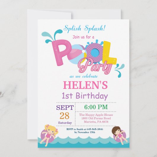 Pool Party Birthday Invitation Splish Splash Girl Kaart (Voorkant)