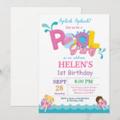 Pool Party Birthday Invitation Splish Splash Girl Kaart (Voorkant / Achterkant)