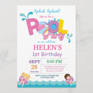 Pool Party Birthday Invitation Splish Splash Girl Kaart