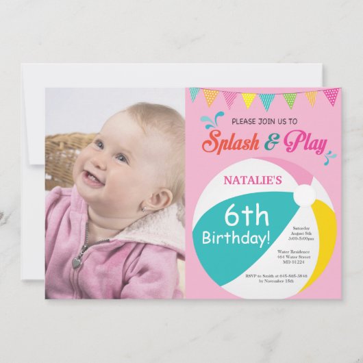 Pool Party Birthday Invitation Splish Splash Girl Kaart (Voorkant)