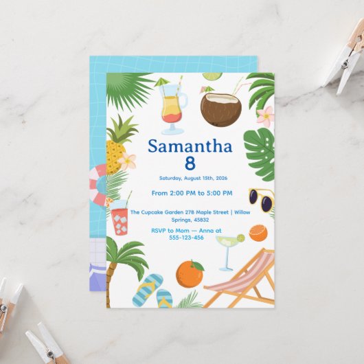 Pool Party Birthday Invitation - Summer Theme Kaart (Voorkant / Achterkant in situ)