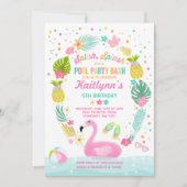 Pool Party Birthday Invitation Tropical Flamingo Kaart (Voorkant)