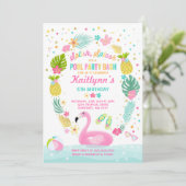 Pool Party Birthday Invitation Tropical Flamingo Kaart (Staand voorkant)