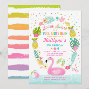 Pool Party Birthday Invitation Tropical Flamingo Kaart