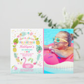 Pool Party Birthday Invitation Tropical Flamingo Kaart (Staand voorkant)