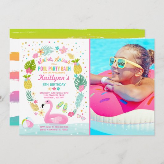 Pool Party Birthday Invitation Tropical Flamingo Kaart (Voorkant / Achterkant)