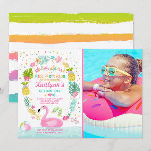 Pool Party Birthday Invitation Tropical Flamingo Kaart