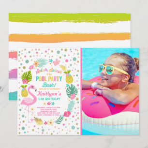 Pool Party Birthday Invitation Tropical Flamingo Kaart