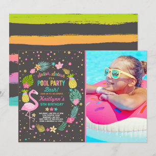 Pool Party Birthday Invitation Tropical Flamingo Kaart