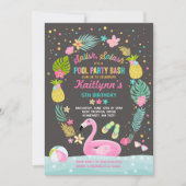 Pool Party Birthday Invitation Tropical Flamingo Kaart (Voorkant)