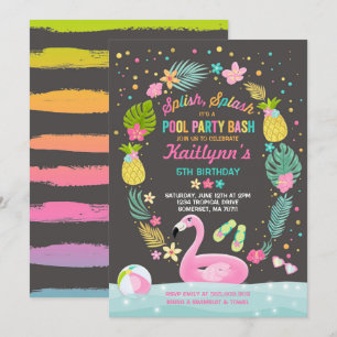 Pool Party Birthday Invitation Tropical Flamingo Kaart