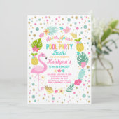 Pool Party Birthday Invitation Tropical Flamingo Kaart (Staand voorkant)