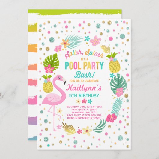 Pool Party Birthday Invitation Tropical Flamingo Kaart (Voorkant / Achterkant)