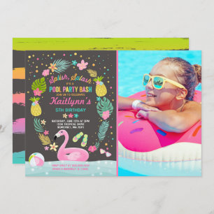 Pool Party Birthday Invitation Tropical Flamingo Kaart