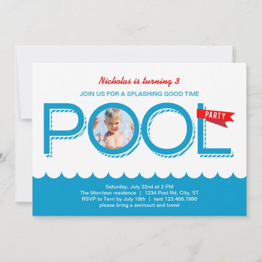Pool Party Birthday Photo Invitation Kaart (Voorkant)