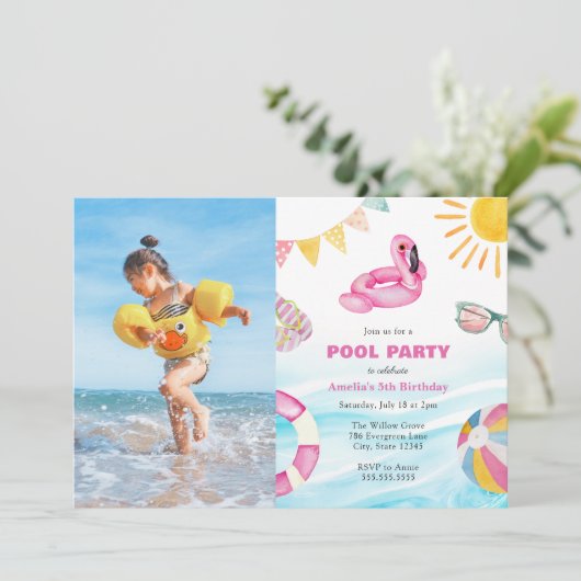 Pool Party Birthday Photo Invitation Kaart (Staand voorkant)
