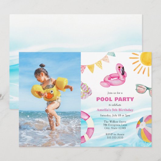 Pool Party Birthday Photo Invitation Kaart (Voorkant / Achterkant)