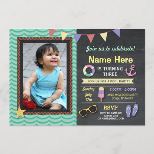 Pool Party Birthday Photo Summer Anchor Invite Kaart