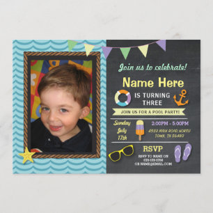 Pool Party Birthday Photo Summer Blue Invite Kaart