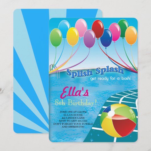 Pool Party Birthday-uitnodigingen Kaart (Voorkant / Achterkant)