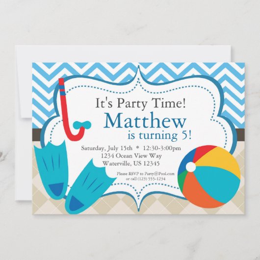 Pool Party Blue Chevron en Tan Argyle Birthday Kaart (Voorkant)