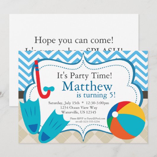 Pool Party Blue Chevron en Tan Argyle Birthday Kaart (Voorkant / Achterkant)