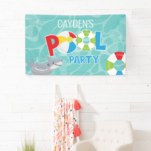 Pool Party boy haai verjaardag Spandoek (Insitu)