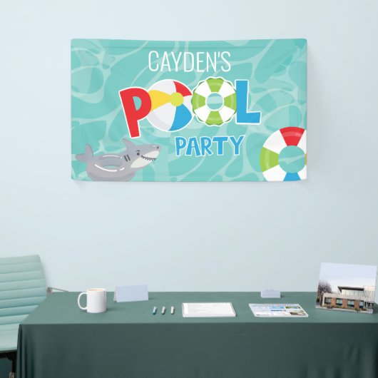 Pool Party boy haai verjaardag Spandoek (Beurs)