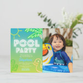 Pool Party Boy Verjaardag met foto-uitnodiging Kaart (Staand voorkant)