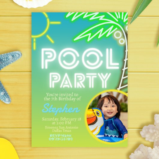 Pool Party Boy Verjaardag met foto-uitnodiging Kaart