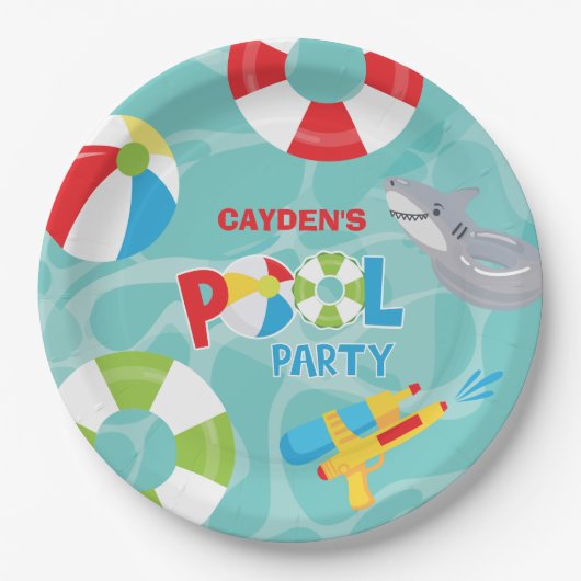 Pool Party Boy Verjaardag Shark Float Papieren Bordje (Voorkant)
