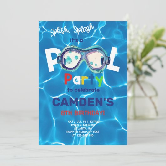 Pool party boy verjaardagsuitnodiging, bril. kaart (Staand voorkant)