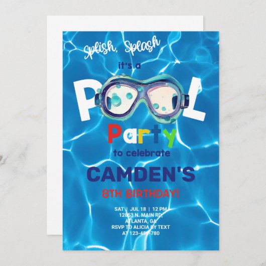 Pool party boy verjaardagsuitnodiging, bril. kaart (Voorkant / Achterkant)