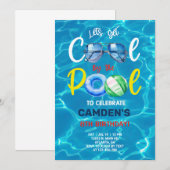 Pool party boy verjaardagsuitnodiging, zonnebril. kaart (Voorkant / Achterkant)