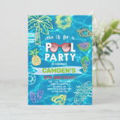 Pool party boy verjaardagsuitnodiging, zwembad bas kaart (Staand voorkant)