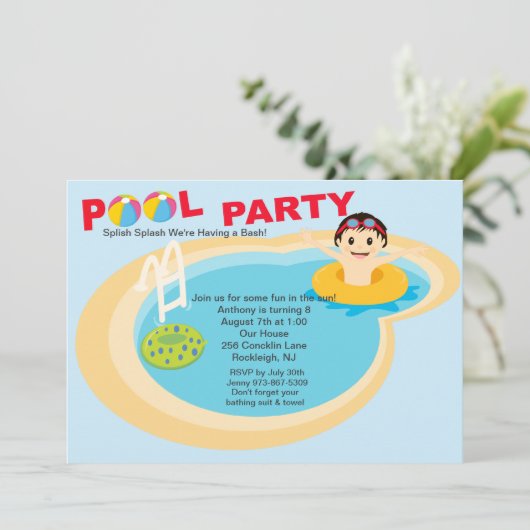 Pool Party Boys Birthday Uitnodiging (Staand voorkant)