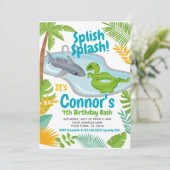 Pool Party Dinosaur and Shark Birthday Invitation Kaart (Staand voorkant)
