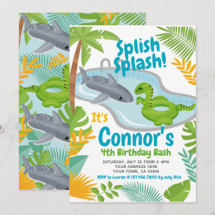 Pool Party Dinosaur and Shark Birthday Invitation Kaart