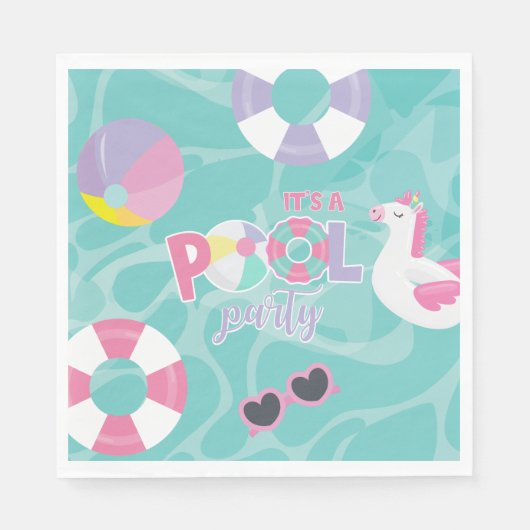 Pool party Eenhoorn Roze en Paarse Verjaardagspapi Servet (Voorkant)