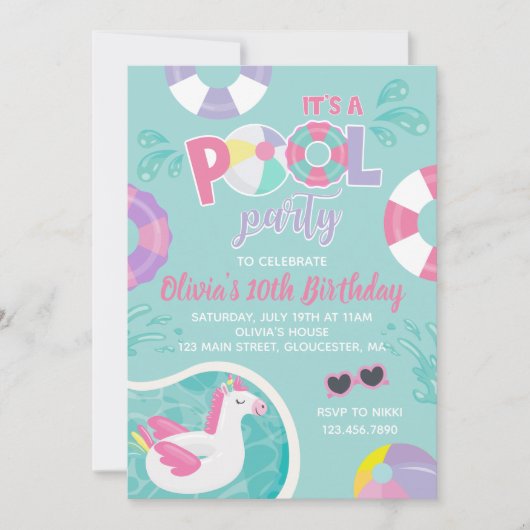 Pool Party Eenhoorn zwembad zweven roze Zomer Verj Kaart (Voorkant)