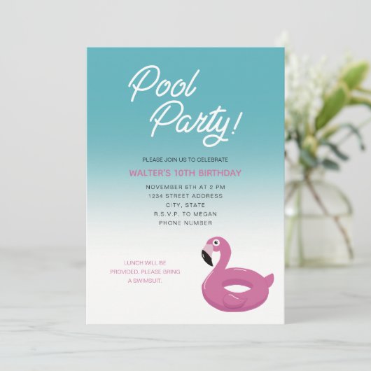 Pool Party Flamingo Invitation Kaart (Staand voorkant)