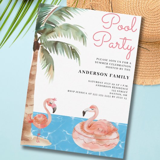 Pool Party Flamingo Invitation Kaart