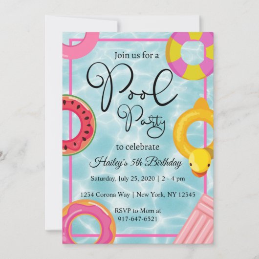 Pool Party Floaties Verjaardagsfeestuitnodiging Kaart (Voorkant)