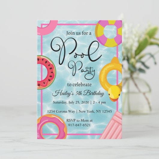 Pool Party Floaties Verjaardagsfeestuitnodiging Kaart (Staand voorkant)