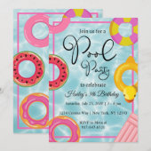 Pool Party Floaties Verjaardagsfeestuitnodiging Kaart (Voorkant / Achterkant)