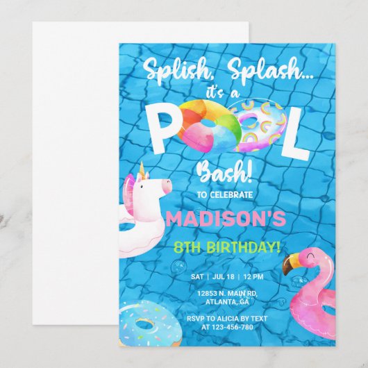 Pool party & floaties verjaardagsuitnodiging, meis kaart (Voorkant / Achterkant)