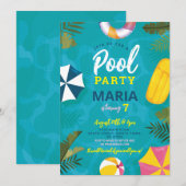 Pool Party Floats Summer Birthday Fun Invite Kaart (Voorkant / Achterkant)